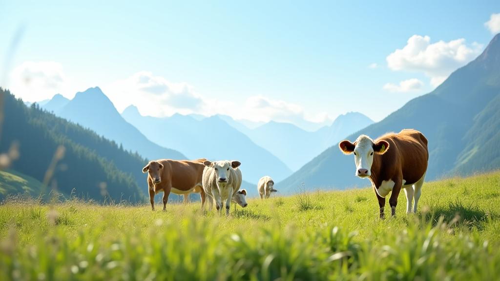 Alpenlandschaft mit weidenden Kühen, die Milch für köstlichen Käse liefern