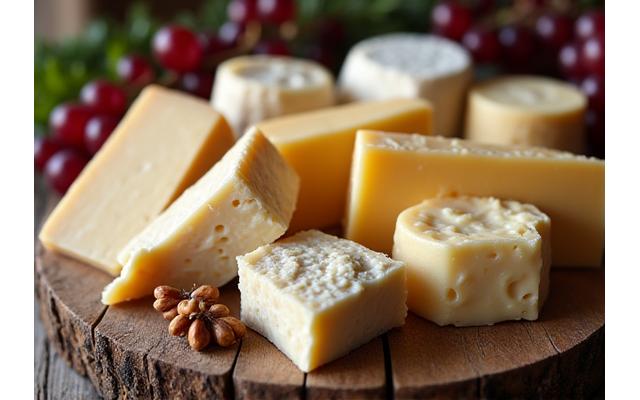Nahaufnahme einer Auswahl an gereiften Alpenkäsesorten auf einem Holzbrett mit Trauben und Nüssen.