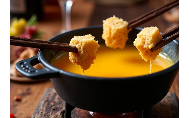 Traditionelle Käsefondue-Pfanne mit geschmolzenem Käse und Brotstücken auf Spießen.