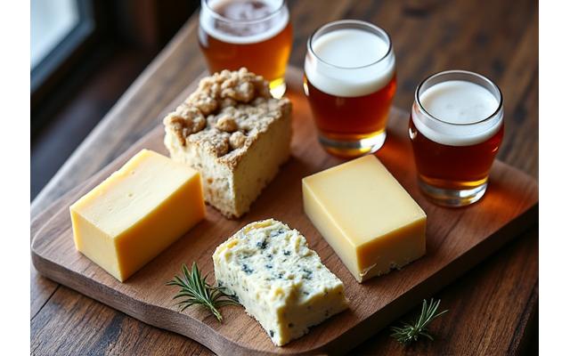 Verschiedene Käsesorten und Gläser mit handwerklichem Bier auf einem rustikalen Holztisch.