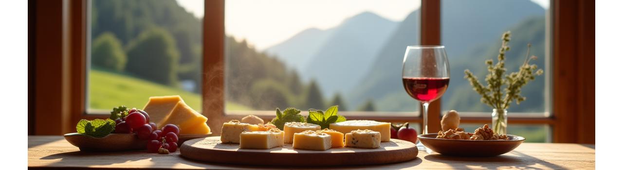 Käsebrett und Wein in einem charmanten alpinen Ambiente mit Bergblick.